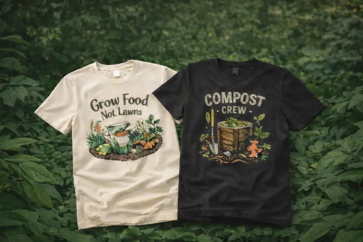 Nature-inspired graphic t-shirts displayed in a lush green garden setting.